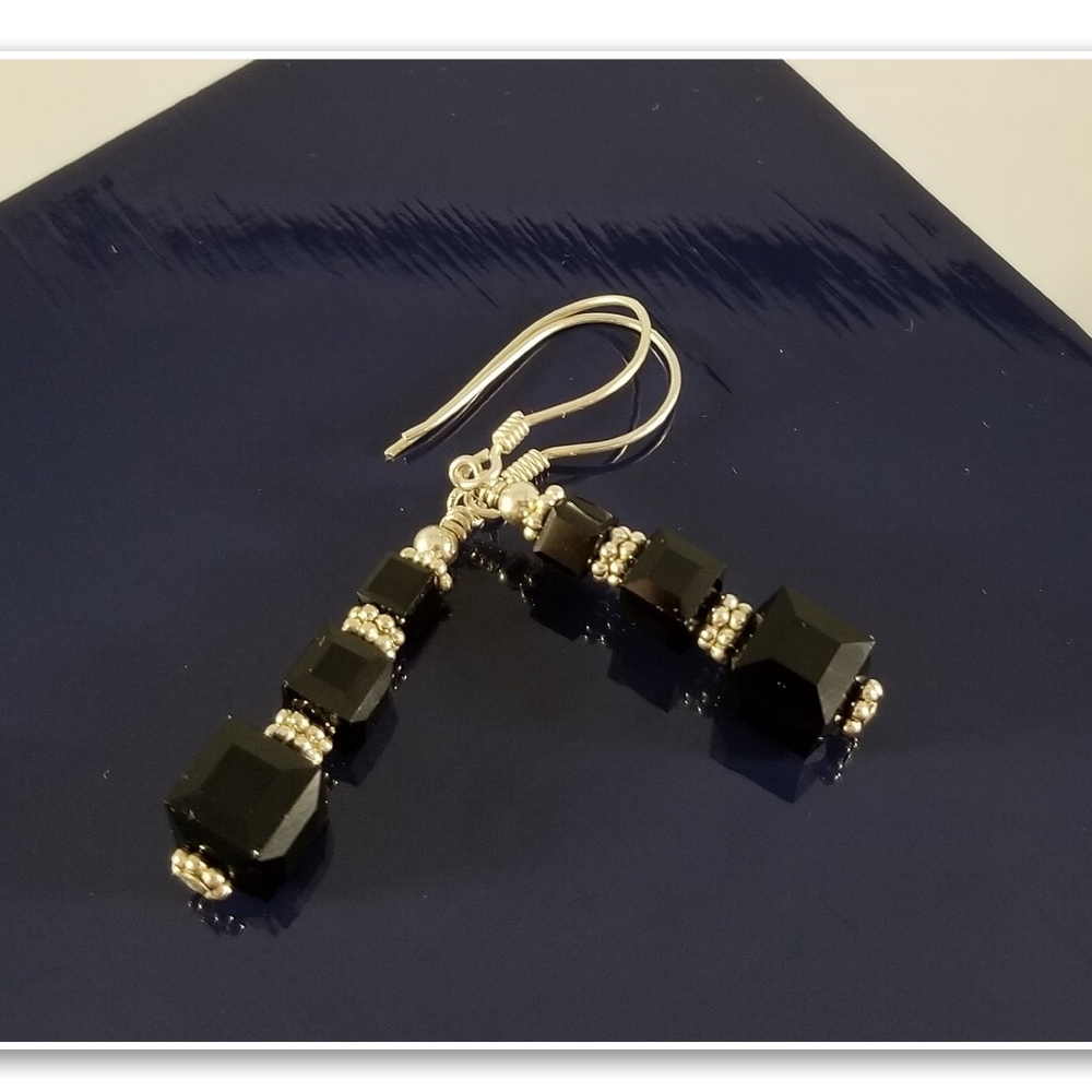 Black Square Swarovski & Sterling Silver Earrings - Picture 5 of 9
